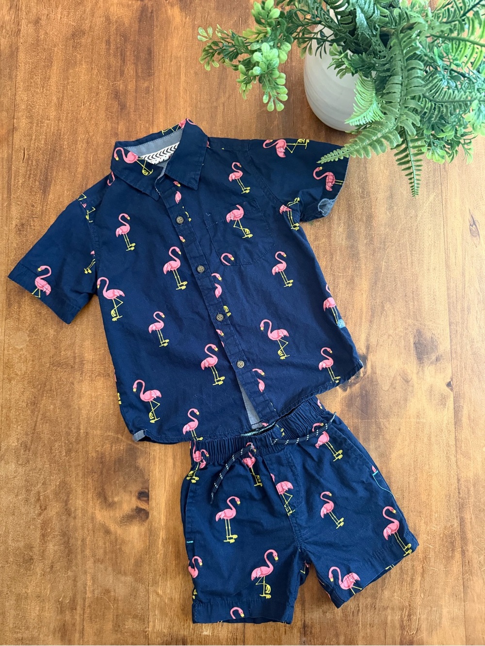 Huntington BC Toddler Boys Flamingo Button-Up Shirt & Matching Shorts Set – 2T